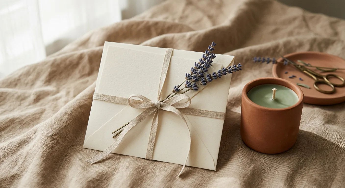 Tarjeta de regalo en un sobre con cinta de lino y lavanda